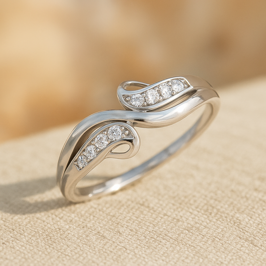 Elegant Wave-Design Diamond CZ Ring in Sterling Silver Finish