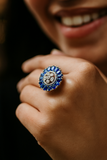 925 Silver Moissanite Polki & Cubic Zirconia Blue Stone Ring