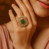 925 Silver Gold-Plated Moissanite Polki Adjustable Ring – Gemstone Studded Elegance