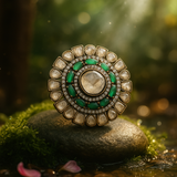 925 Silver Adjustable Ring – Gold-Plated with Moissanite Polki & Emerald Green CZ