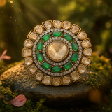 925 Silver Adjustable Ring – Gold-Plated with Moissanite Polki & Emerald Green CZ