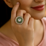 925 Silver Adjustable Ring – Gold-Plated with Moissanite Polki & Emerald Green CZ