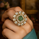 "925 Silver Gold-Plated Moissanite Polki Adjustable Ring – Green Cubic Zirconia Wedding Jewelry"