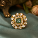 "925 Silver Gold-Plated Moissanite Polki Adjustable Ring – Green Cubic Zirconia Wedding Jewelry"