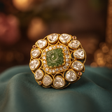 "925 Silver Gold-Plated Moissanite Polki Adjustable Ring – Green Cubic Zirconia Wedding Jewelry"