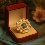 "925 Silver Gold-Plated Moissanite Polki Adjustable Ring – Green Cubic Zirconia Wedding Jewelry"