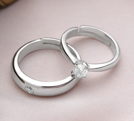 Minimalist Silver Couple Ring Set with Solitaire & Accent Stone – Adjustable Bands