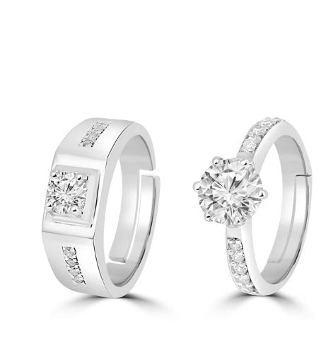 Couple's Silver-Plated Cubic Zirconia Ring Set – Matching Engagement/Wedding Bands