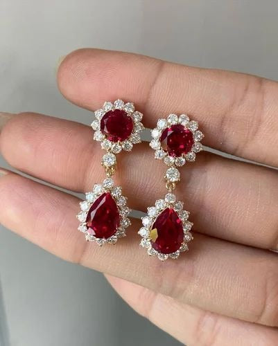 Luxurious Ruby Red Drop Earrings with Diamond-Cut CZ Halo – Gold Plated