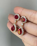 Luxurious Ruby Red Drop Earrings with Diamond-Cut CZ Halo – Gold Plated