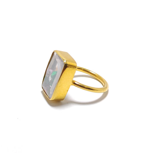 Gold-Plated Rectangular Cocktail Ring with Multicolor Gem Inlay