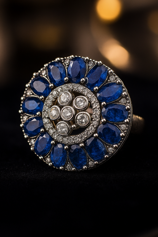925 Silver Moissanite Polki &amp; Cubic Zirconia Blue Stone Ring