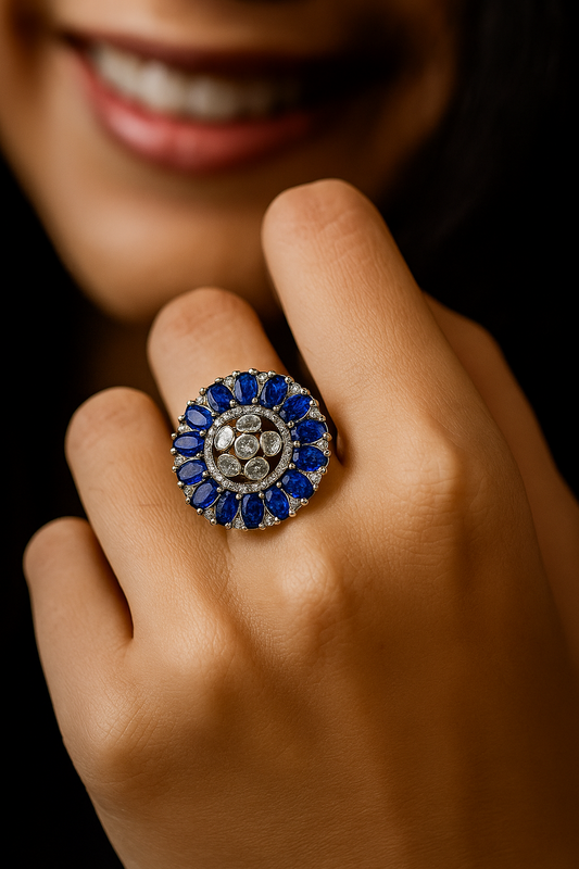 925 Silver Moissanite Polki &amp; Cubic Zirconia Blue Stone Ring