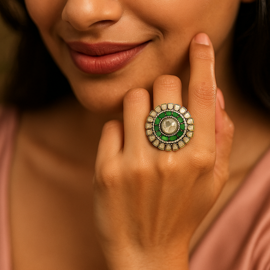 925 Silver Adjustable Ring – Gold-Plated with Moissanite Polki & Emerald Green CZ