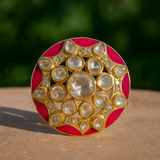 925 Silver Gold-Plated Moissanite Polki Adjustable Ring – Red Cubic Zirconia Wedding Jewelry