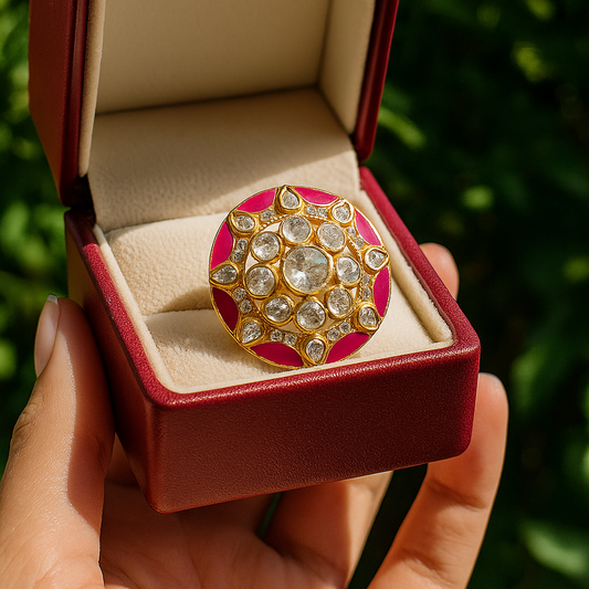 925 Silver Gold-Plated Moissanite Polki Adjustable Ring – Red Cubic Zirconia Wedding Jewelry