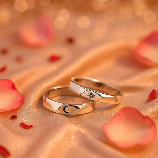 925 Silver Adjustable Couple Rings – Sun & Moon Engraved Promise Bands