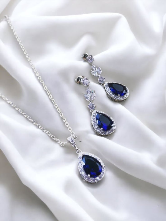 Bridal Jewelry Set – 925 Silver Blue Cubic Zirconia Necklace & Earrings