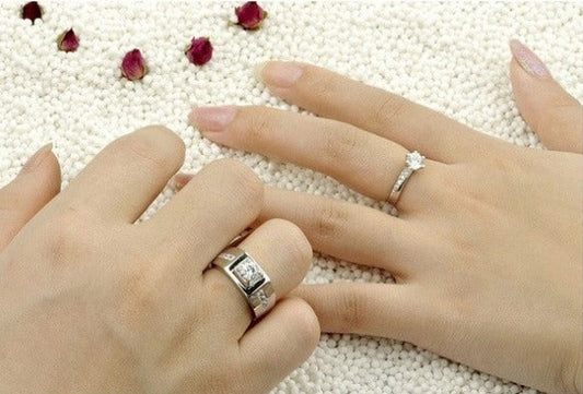 Couple's Silver-Plated Cubic Zirconia Ring Set – Matching Engagement/Wedding Bands