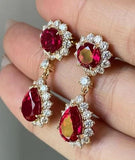Luxurious Ruby Red Drop Earrings with Diamond-Cut CZ Halo – Gold Plated